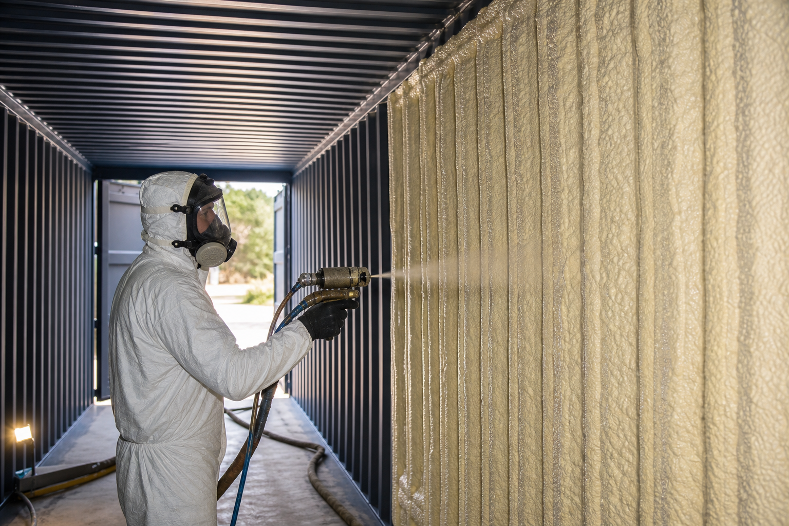 Technician applying spray foam inside a corrugated steel shipping container